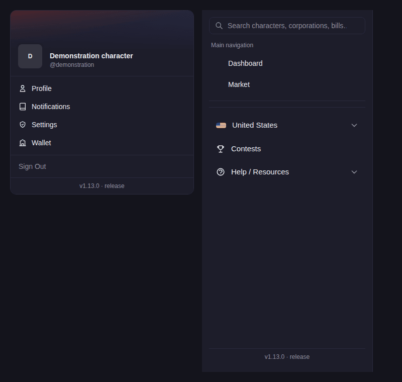 Profile and drawer version links. Demonstration character, 9 October 2026.