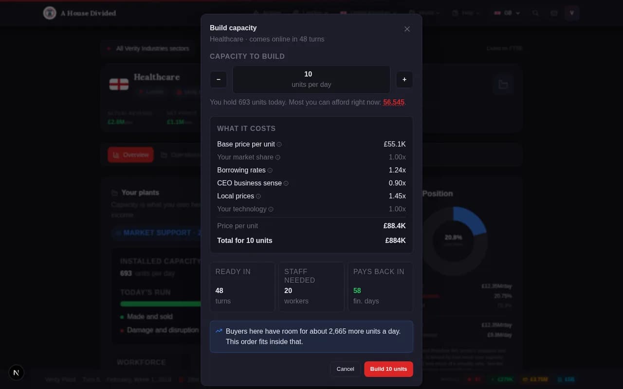 The build dialog, showing an itemised cost, construction time, extra staff needed, and how long the plant takes to pay for itself.